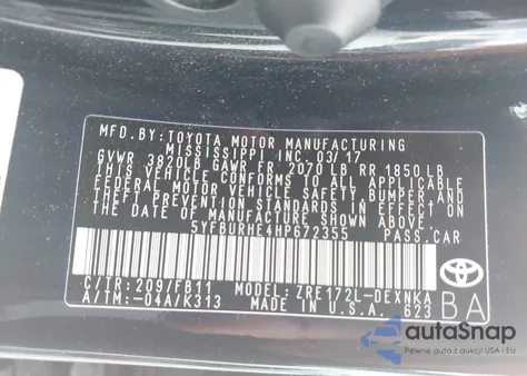 2017 Toyota Corolla Le из США, поврежденный, VIN 5YFBURHE4HP672355